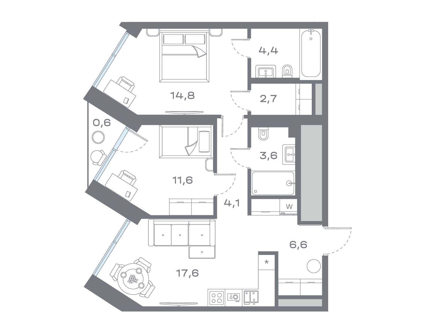 Планировка: 2-комн. квартира 65.91 м² в новостройке Дом Горизонтов