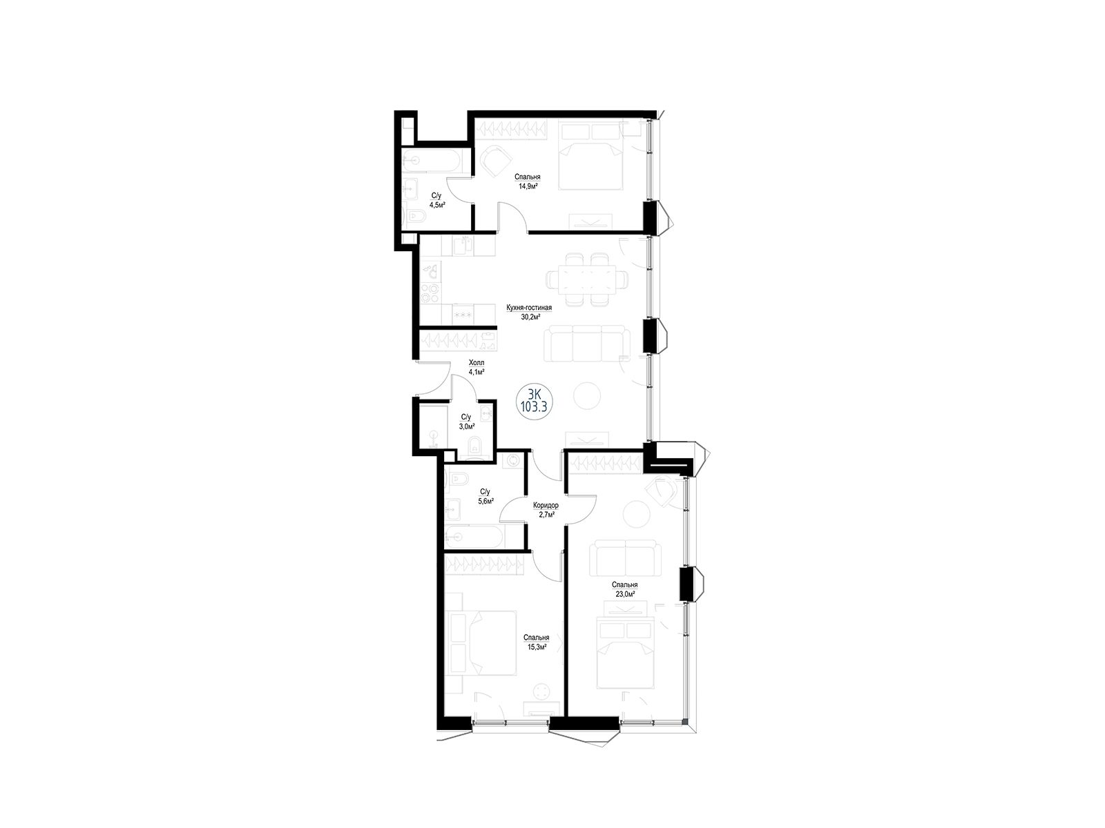 Планировка: 4-комн. квартира 101.50 м² в новостройке Метрополия