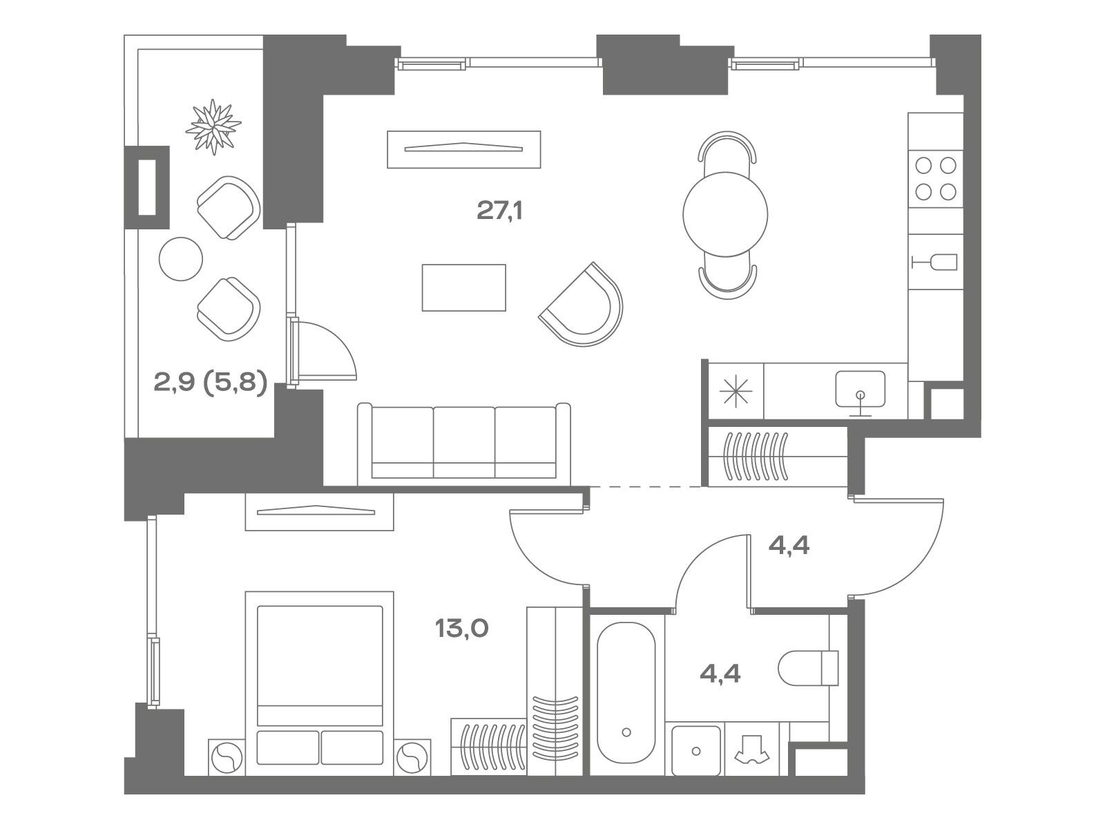 Планировка: 1-комн. квартира 51.80 м² в новостройке Соул