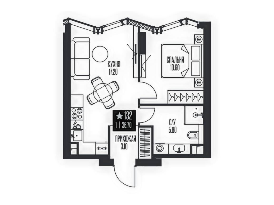 Планировка: 1-комн. квартира 36.70 м² в новостройке Айс Тауэрс