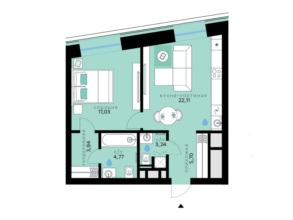 Планировка: 1-комн. квартира 56.79 м² в новостройке СберСити