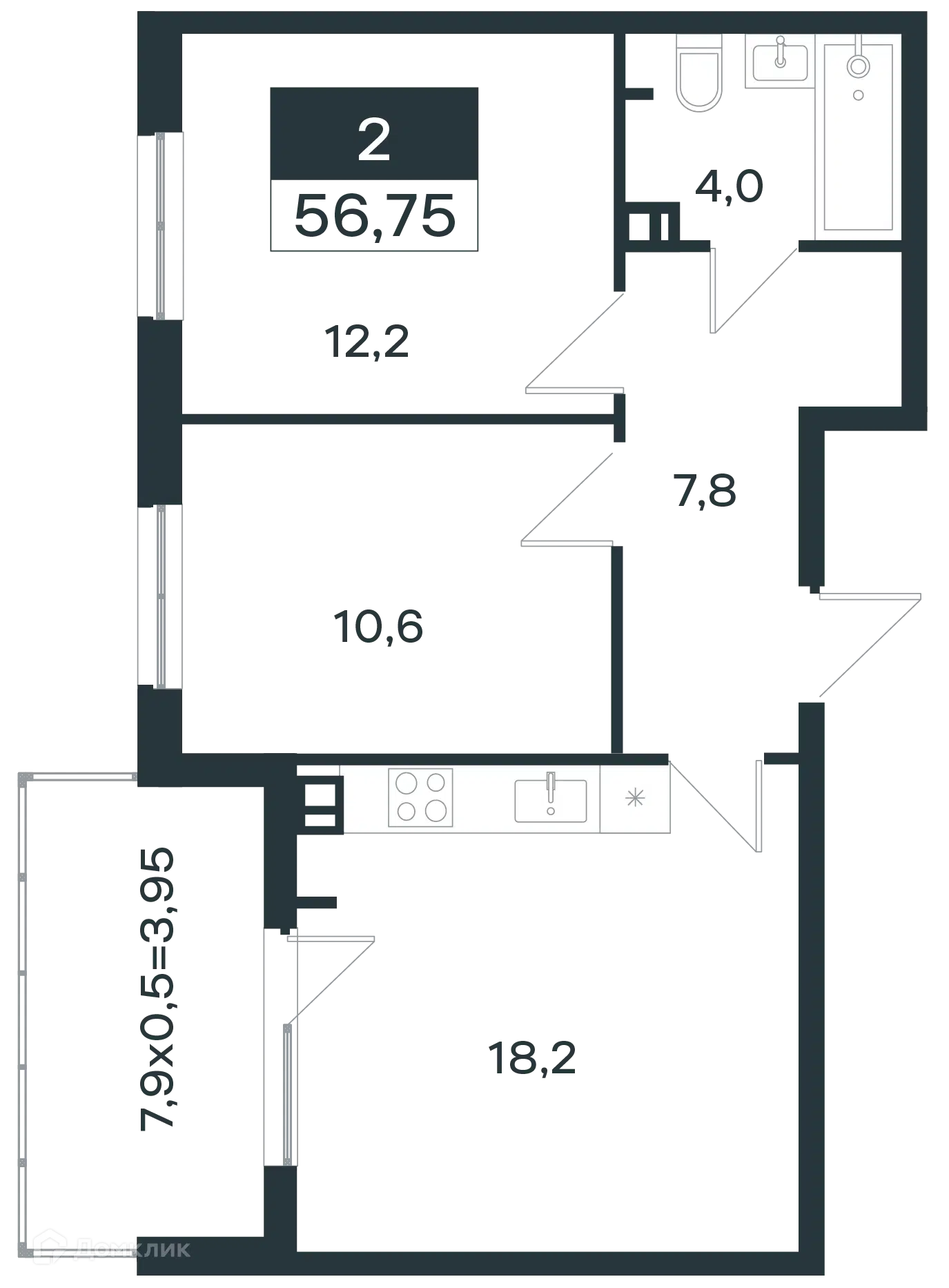 Планировка: 2-комн. квартира 57.15 м² в новостройке Новая Елизаветка