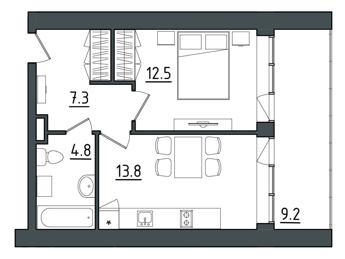 Планировка: 1-комн. квартира 47.70 м² в новостройке Морская Ривьера