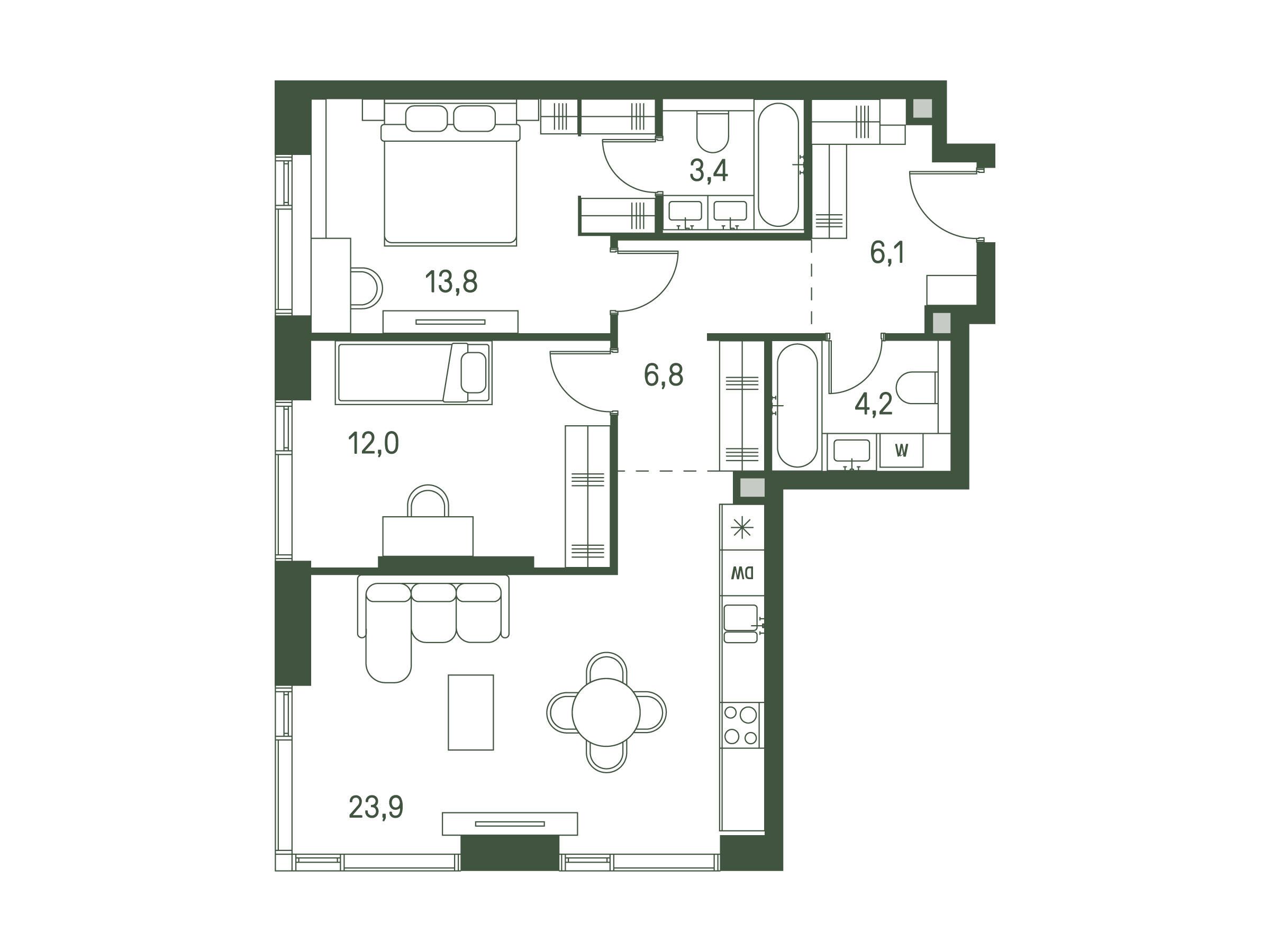 Планировка: 2-комн. квартира 70.20 м² в новостройке Моментс