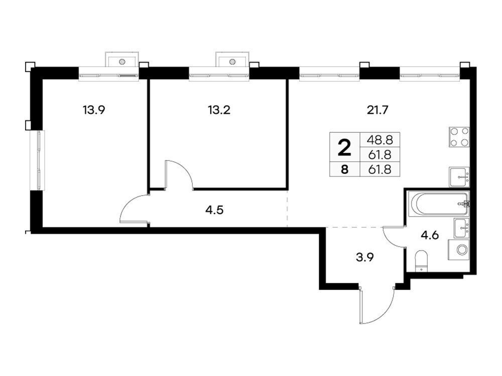 Планировка: 2-комн. квартира 61.50 м² в новостройке Куркино
