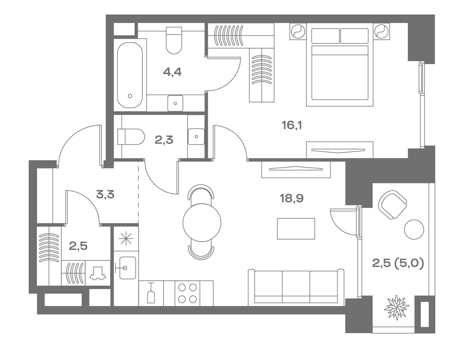 Планировка: 1-комн. квартира 50.00 м² в новостройке Соул