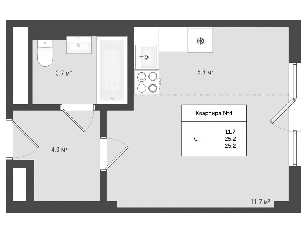 Планировка: Студия 25.20 м² в новостройке Яковлево
