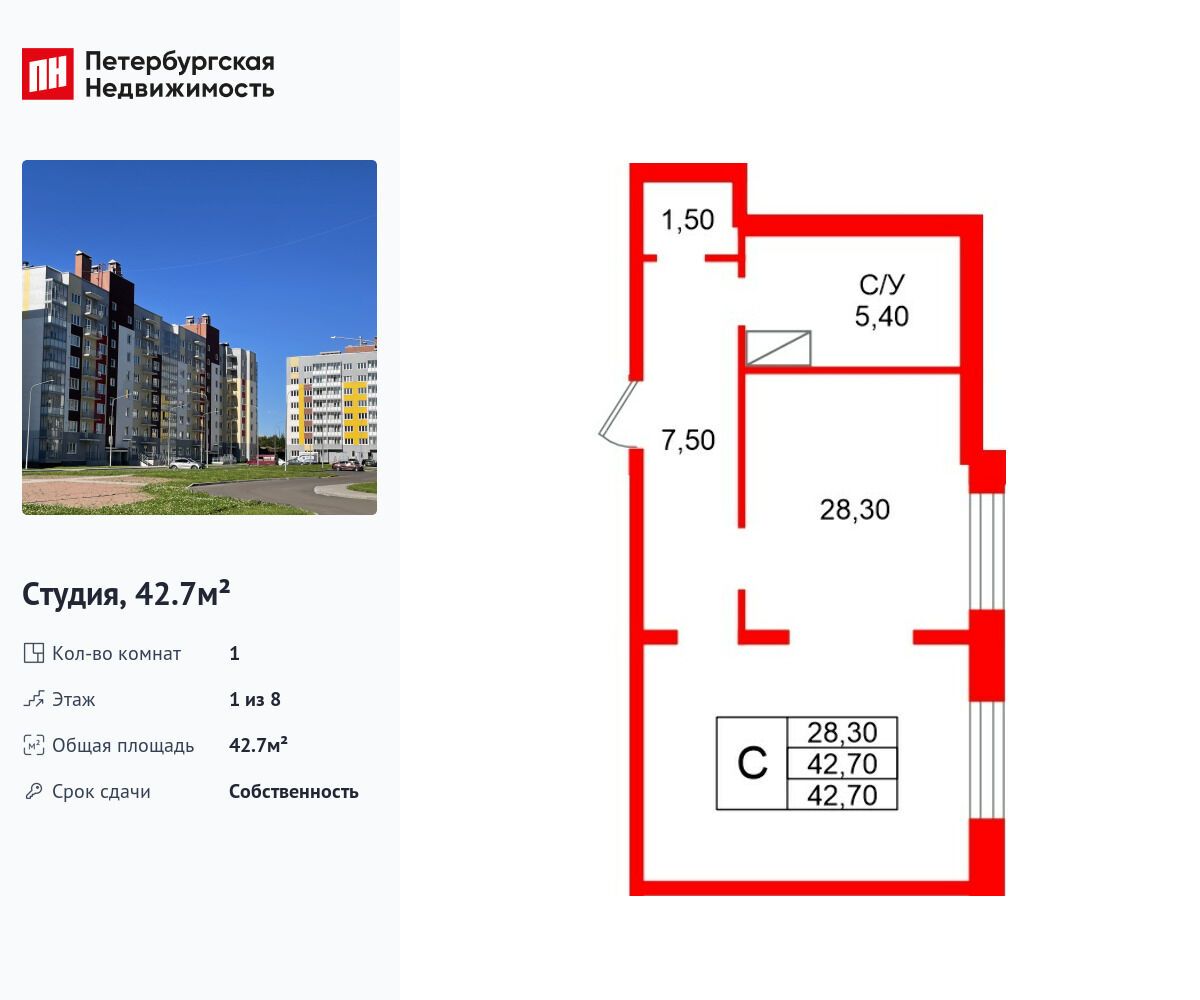 Планировка: Студия 42.70 м² в новостройке Рябиновый сад