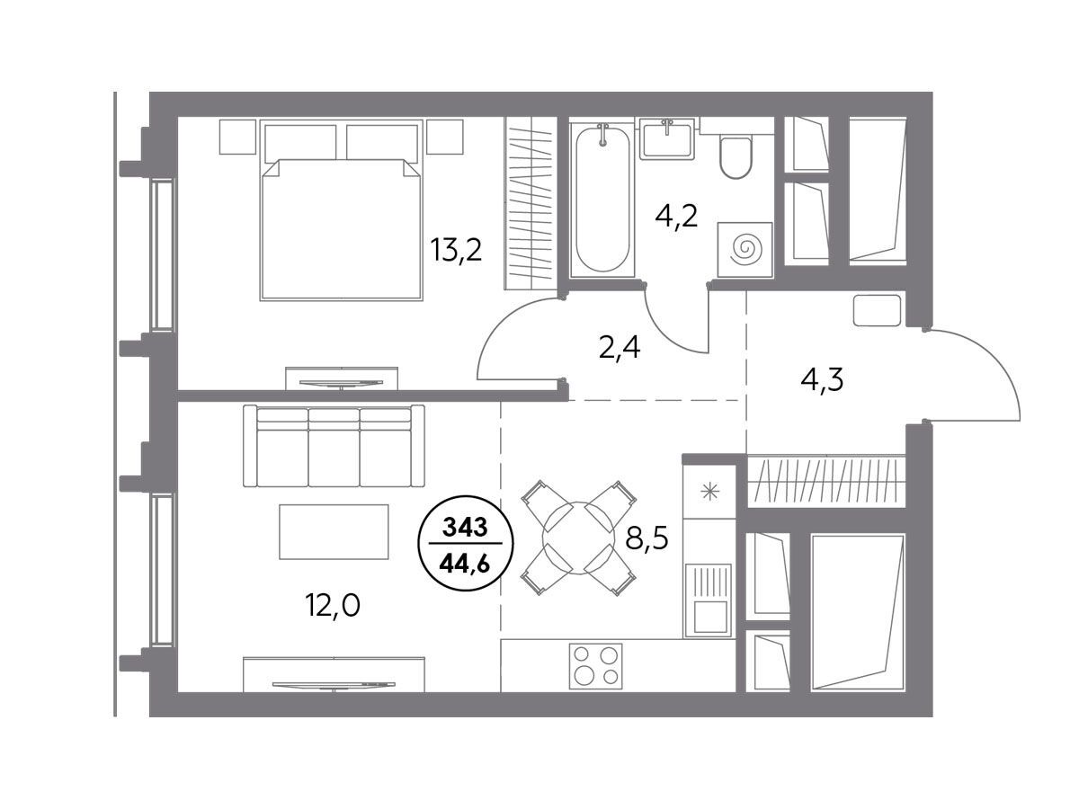 Планировка: 1-комн. квартира 44.60 м² в новостройке ЖК Дом 56