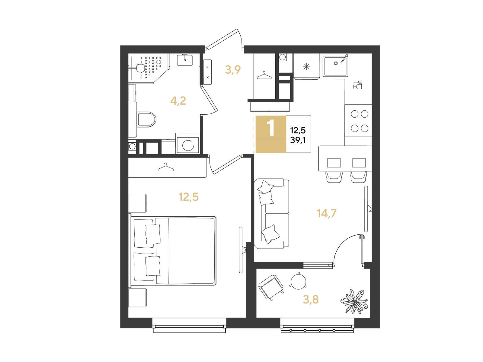 Планировка: 1-комн. квартира 39.10 м² в новостройке Ридз