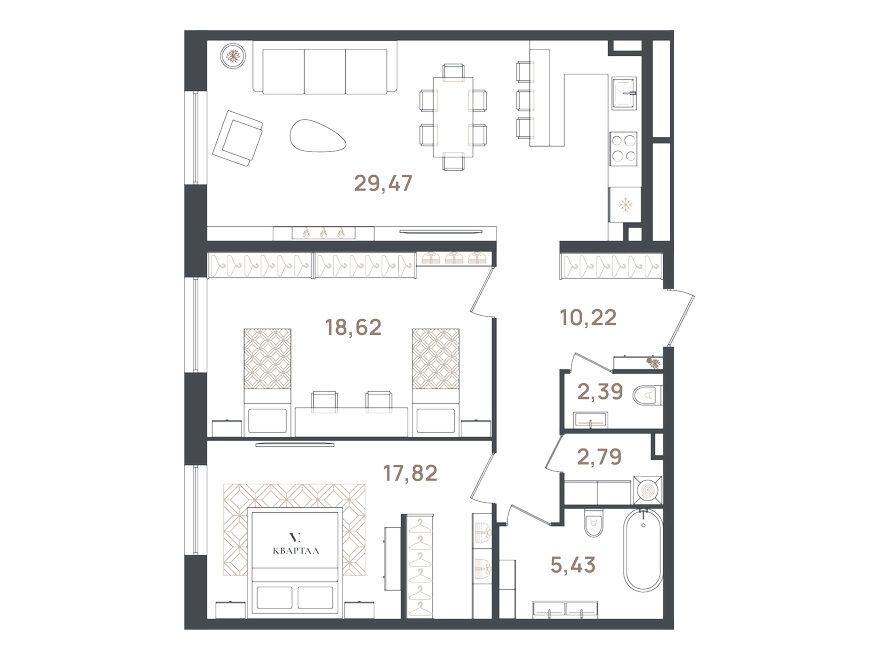 Планировка: 2-комн. квартира 86.74 м² в новостройке VI Квартал