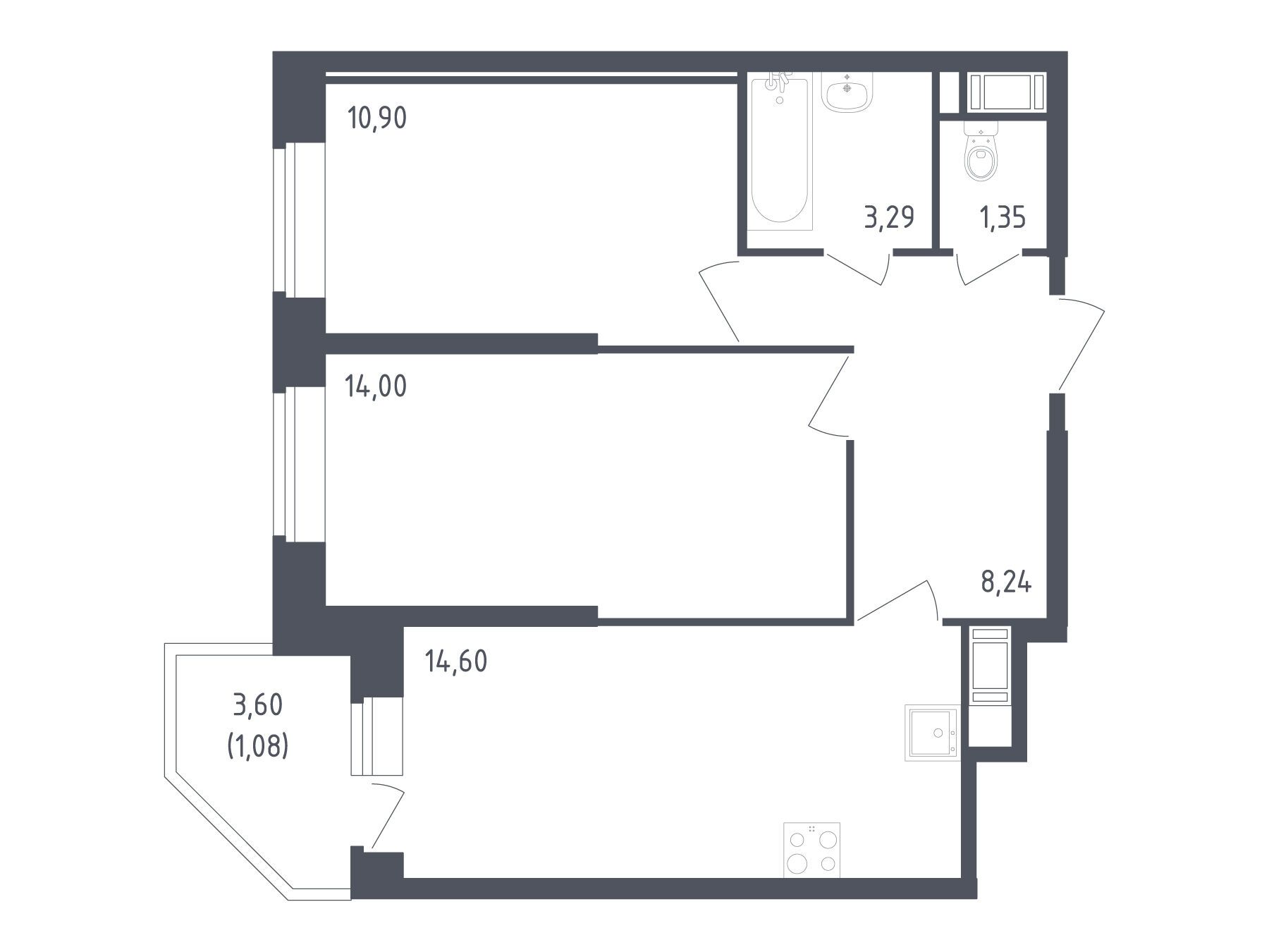 Планировка: 2-комн. квартира 53.46 м² в новостройке Живи! В Рыбацком