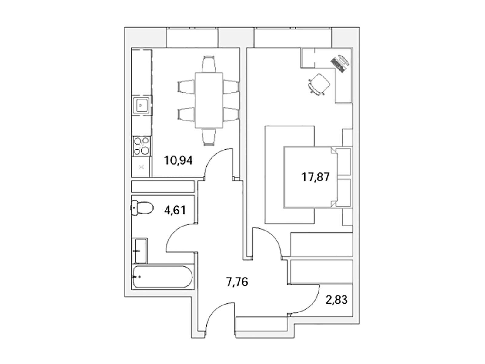 Планировка: 1-комн. квартира 45.42 м² в новостройке Бруно
