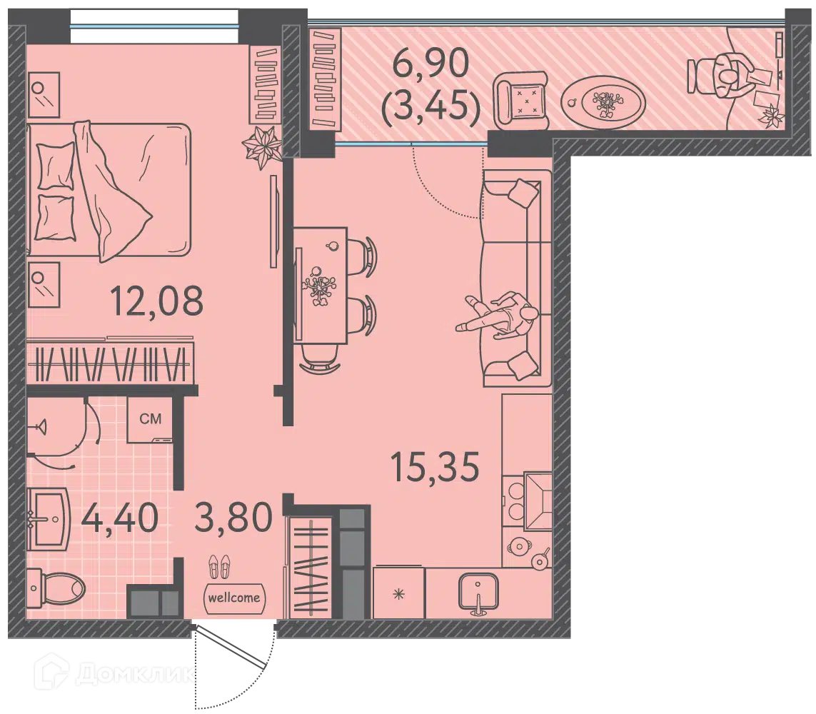 Планировка: 1-комн. квартира 38.05 м² в новостройке Друзья