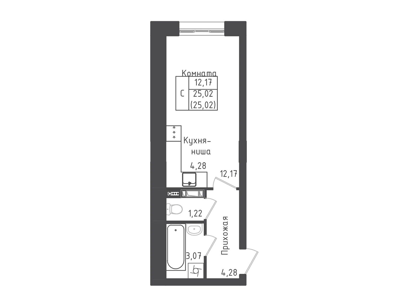 Планировка: Студия 25.02 м² в новостройке Зеленый Город