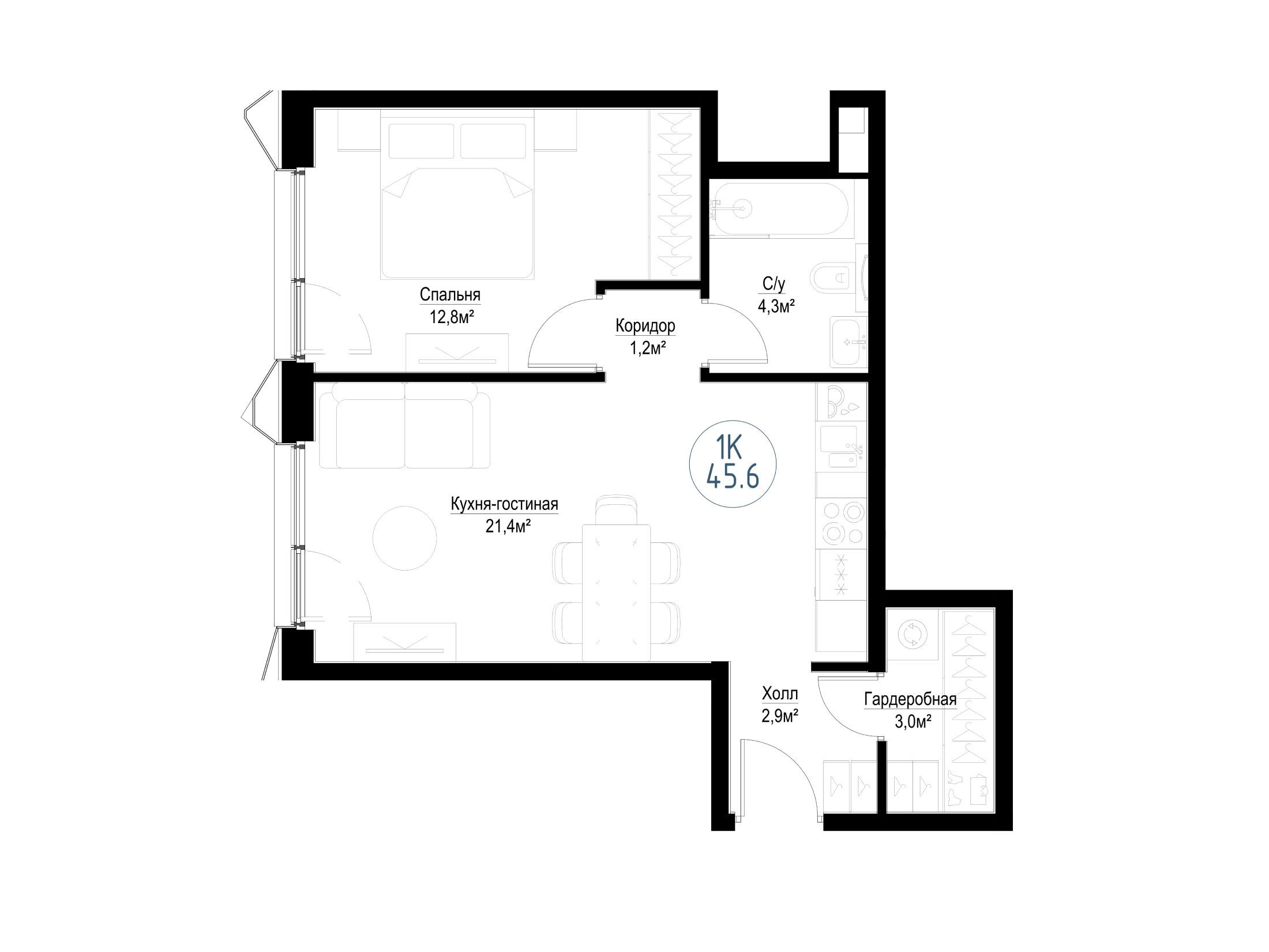 Планировка: 1-комн. квартира 44.80 м² в новостройке Метрополия