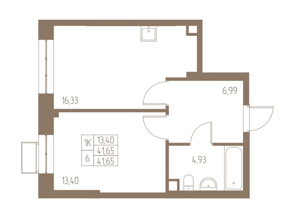 Планировка: 1-комн. квартира 41.65 м² в новостройке Фабрикант
