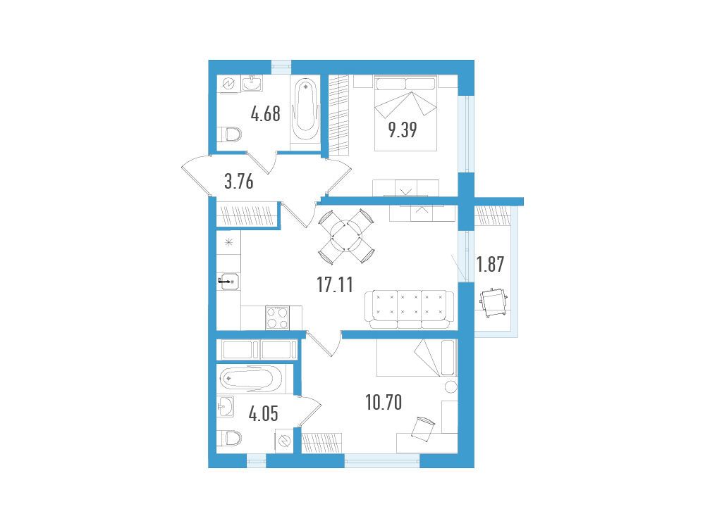 Планировка: 2-комн. квартира 50.25 м² в новостройке Южный форт
