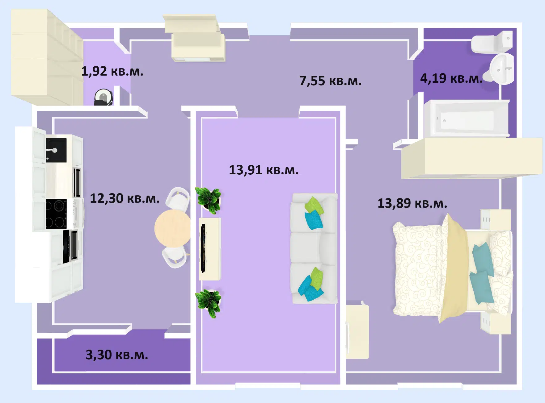 Планировка: 2-комн. квартира 57.06 м² в новостройке Успех