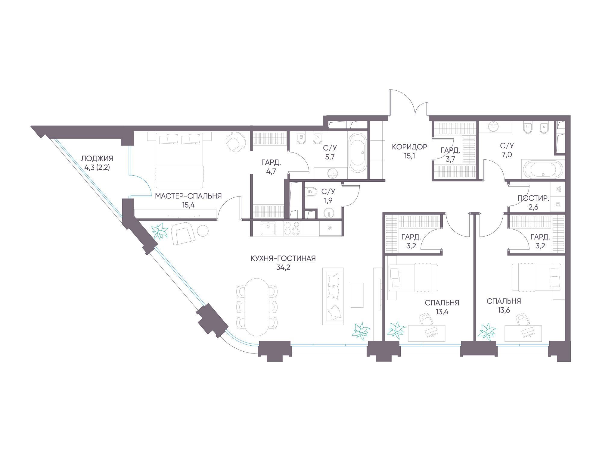 Планировка: 3-комн. квартира 131.00 м² в новостройке Дом XXII