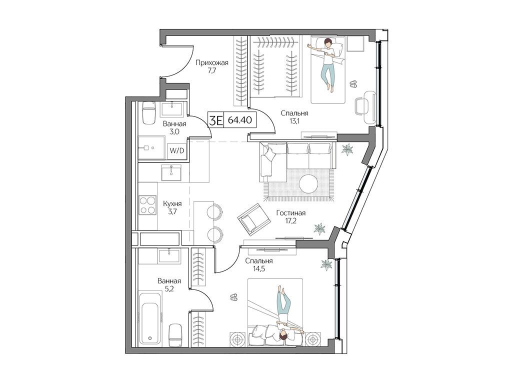 Планировка: 2-комн. квартира 64.00 м² в новостройке Дрим Рива