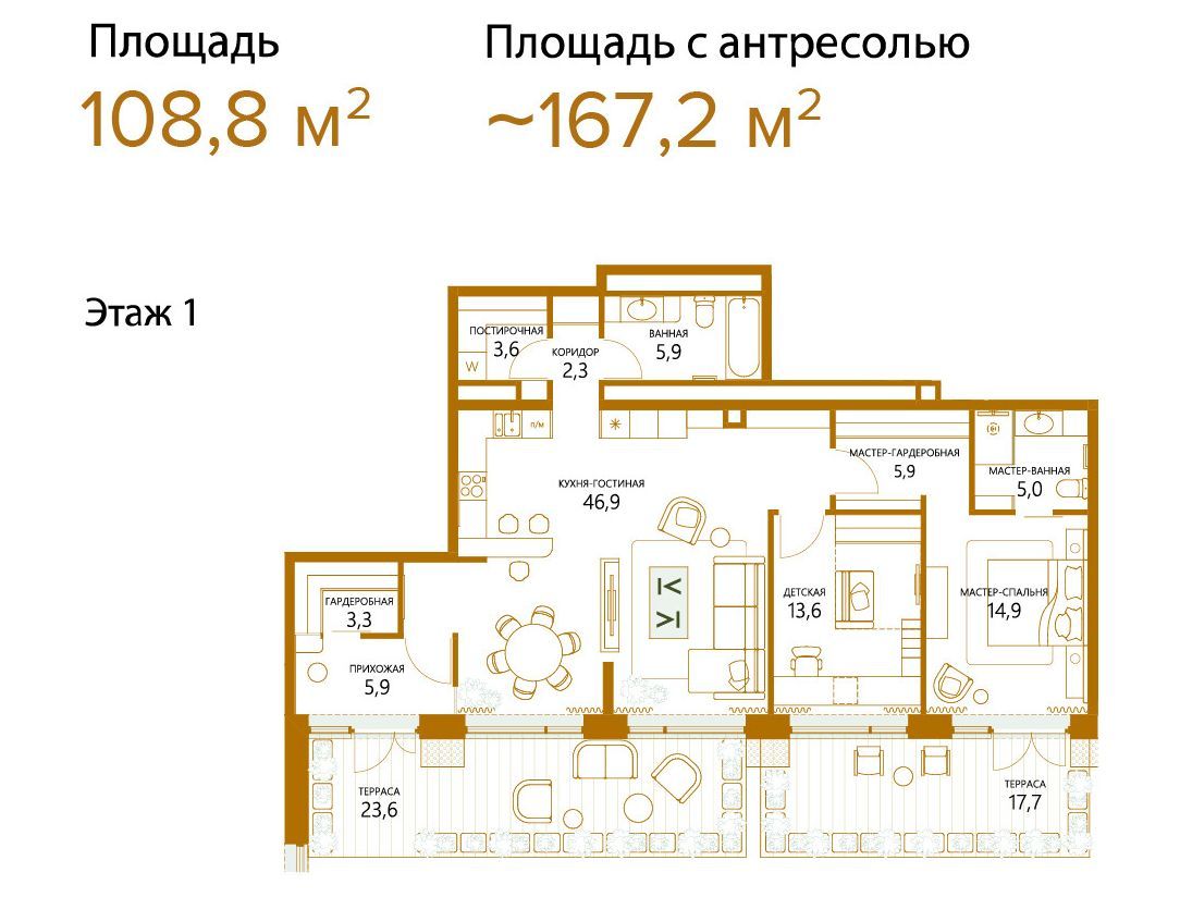 Планировка: 2-комн. квартира 108.80 м² в новостройке Шампайн