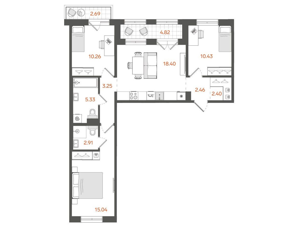 Планировка: 3-комн. квартира 73.70 м² в новостройке Ставни Обводный