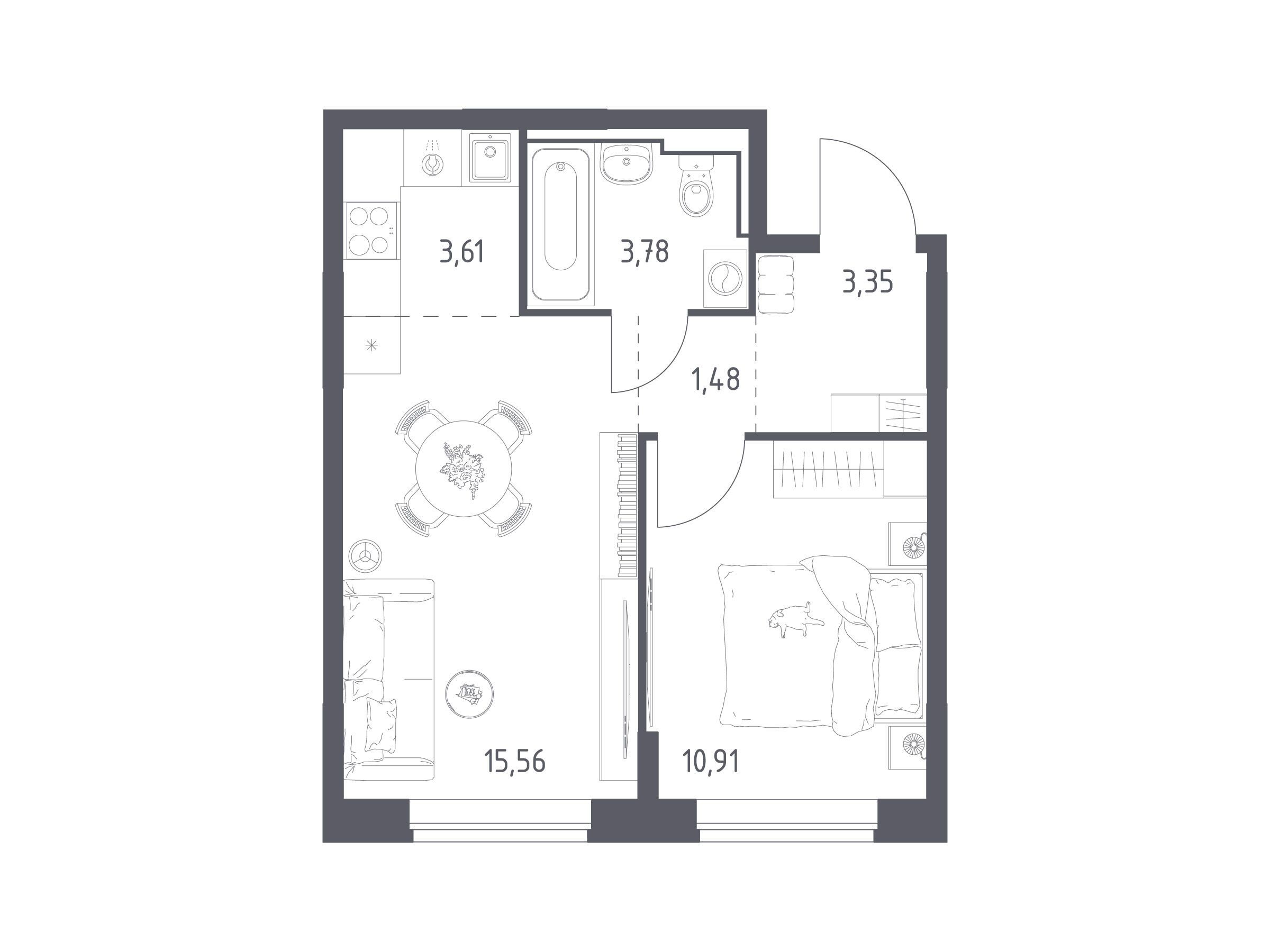 Планировка: 1-комн. квартира 38.69 м² в новостройке Богдановский Лес