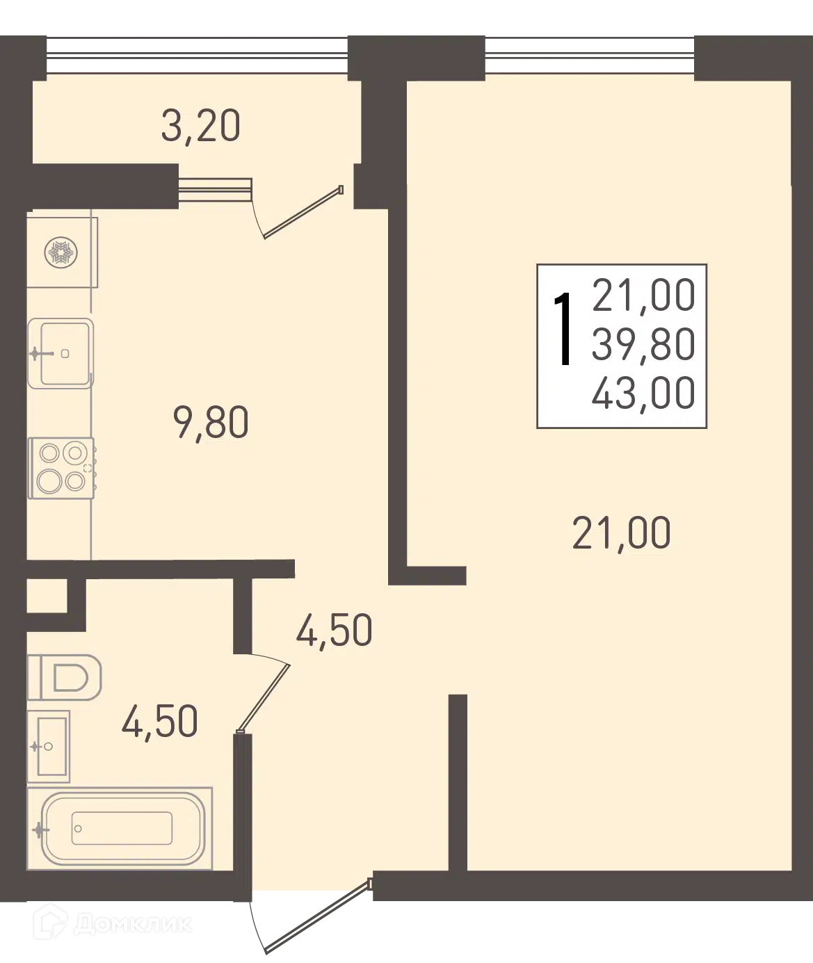 Планировка: 1-комн. квартира 43.00 м² в новостройке Югге