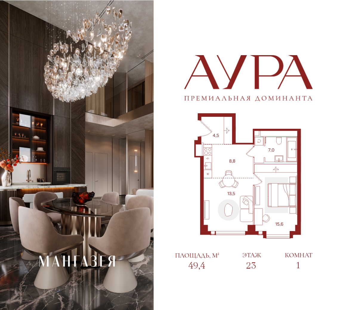 Планировка: 1-комн. квартира 49.00 м² в новостройке ЖК Аура (Мангазея на Тульской)