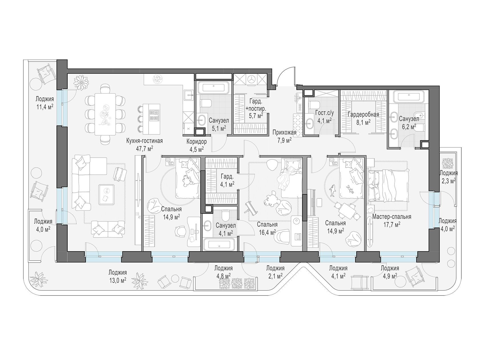 Планировка: 4-комн. квартира 188.10 м² в новостройке Форивер