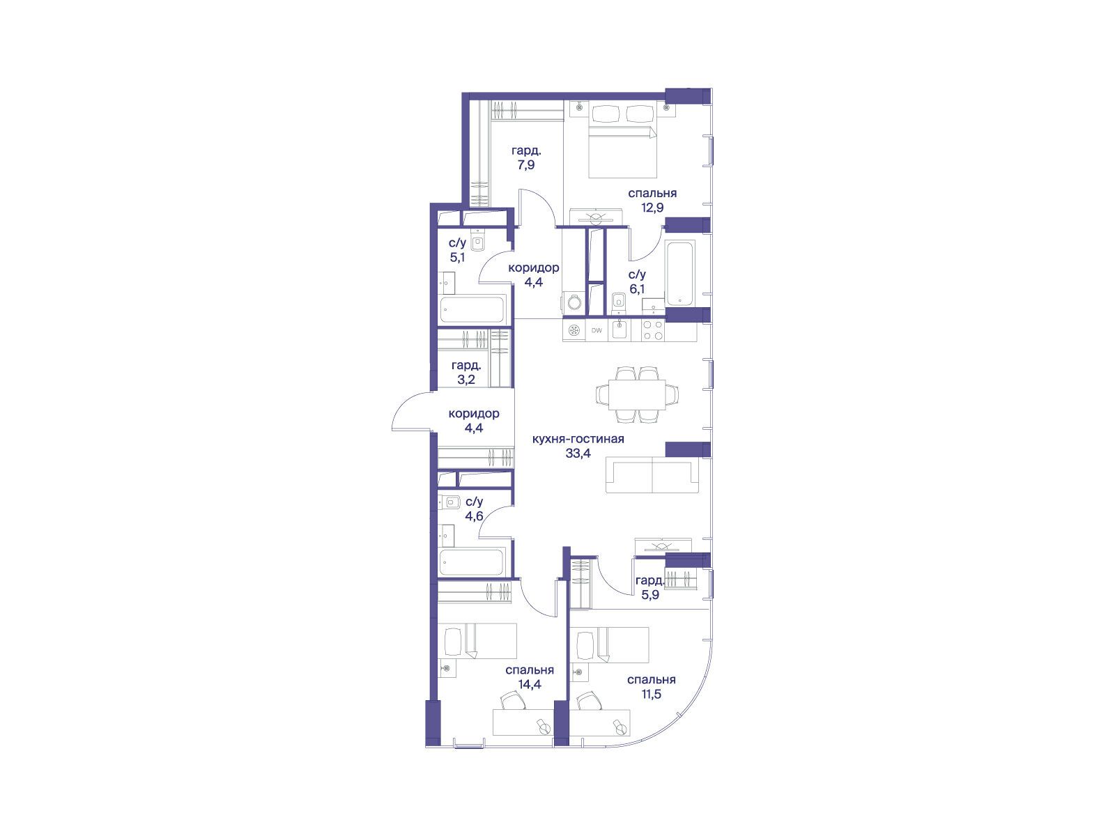 Планировка: 3-комн. квартира 113.80 м² в новостройке Начало