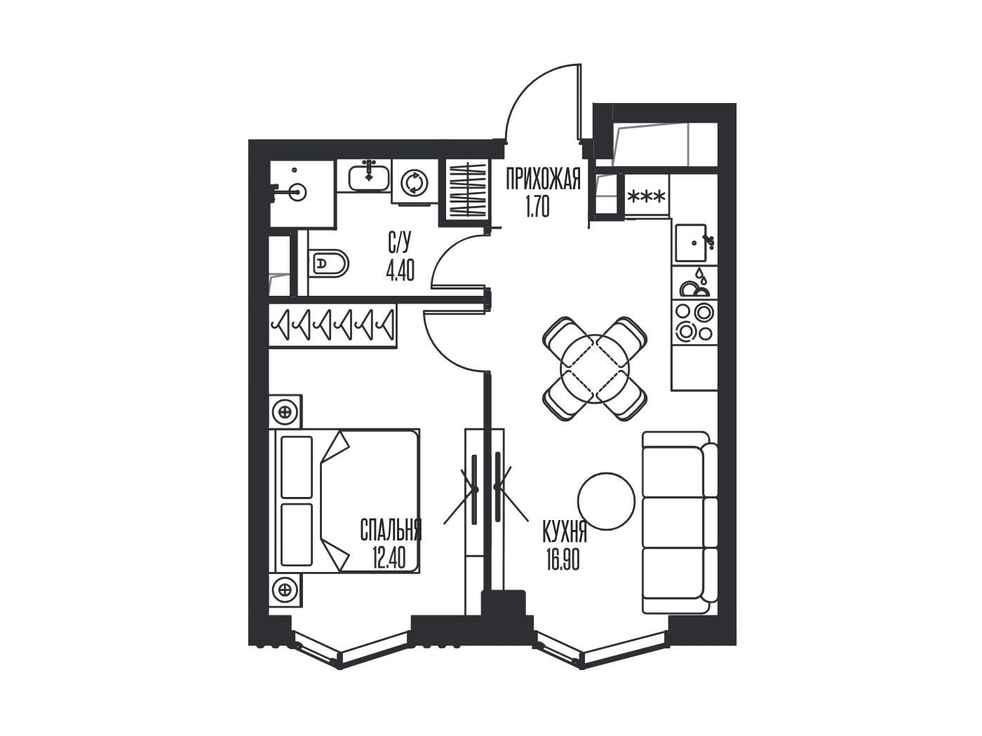 Планировка: 1-комн. квартира 35.40 м² в новостройке Айс Тауэрс