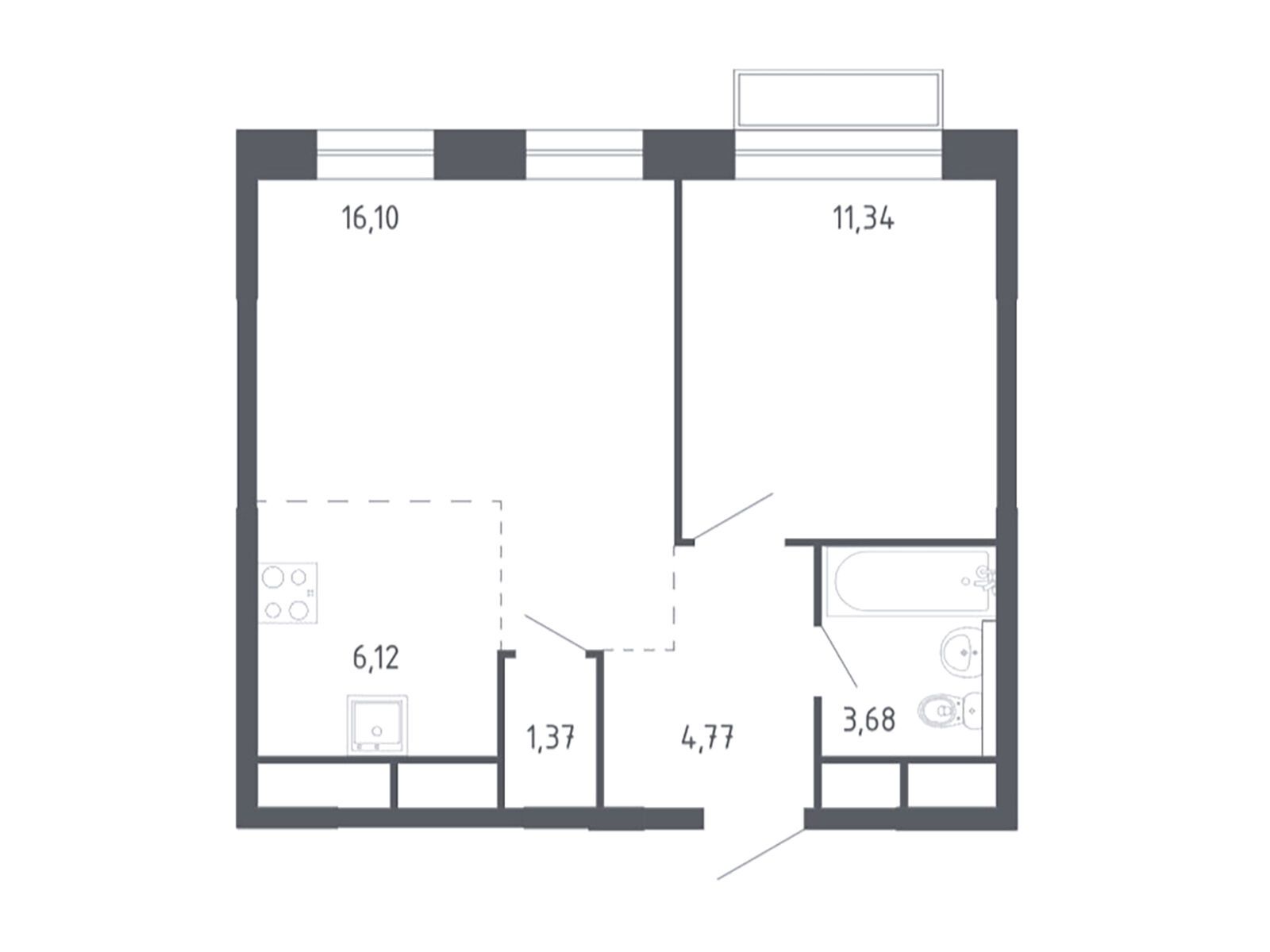 Планировка: 1-комн. квартира 42.80 м² в новостройке Новоград Павлино