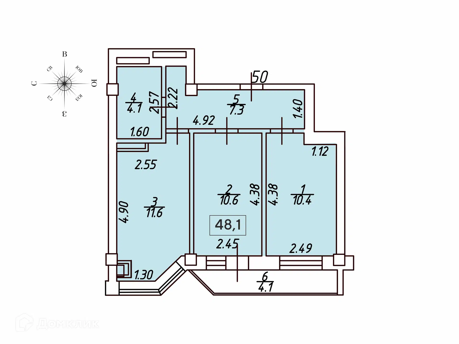 Планировка: 2-комн. квартира 48.10 м² в новостройке Кленовая роща