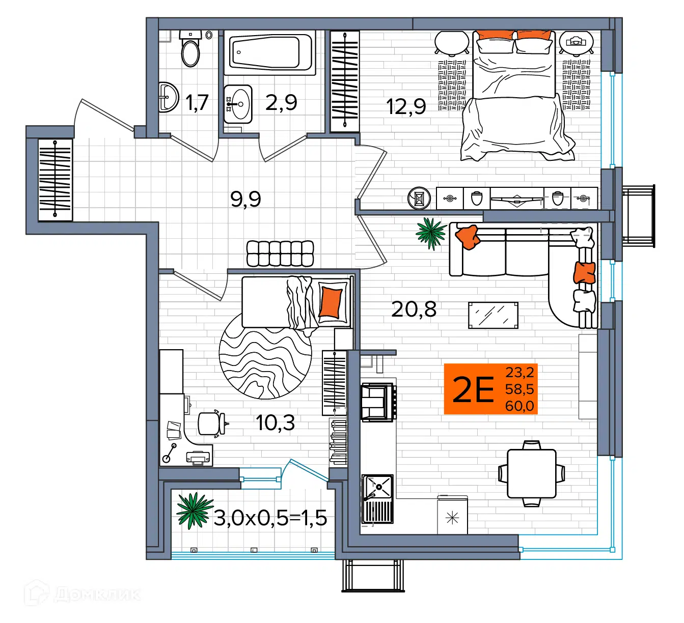 Планировка: 2-комн. квартира 60.00 м² в новостройке ЖК Сармат