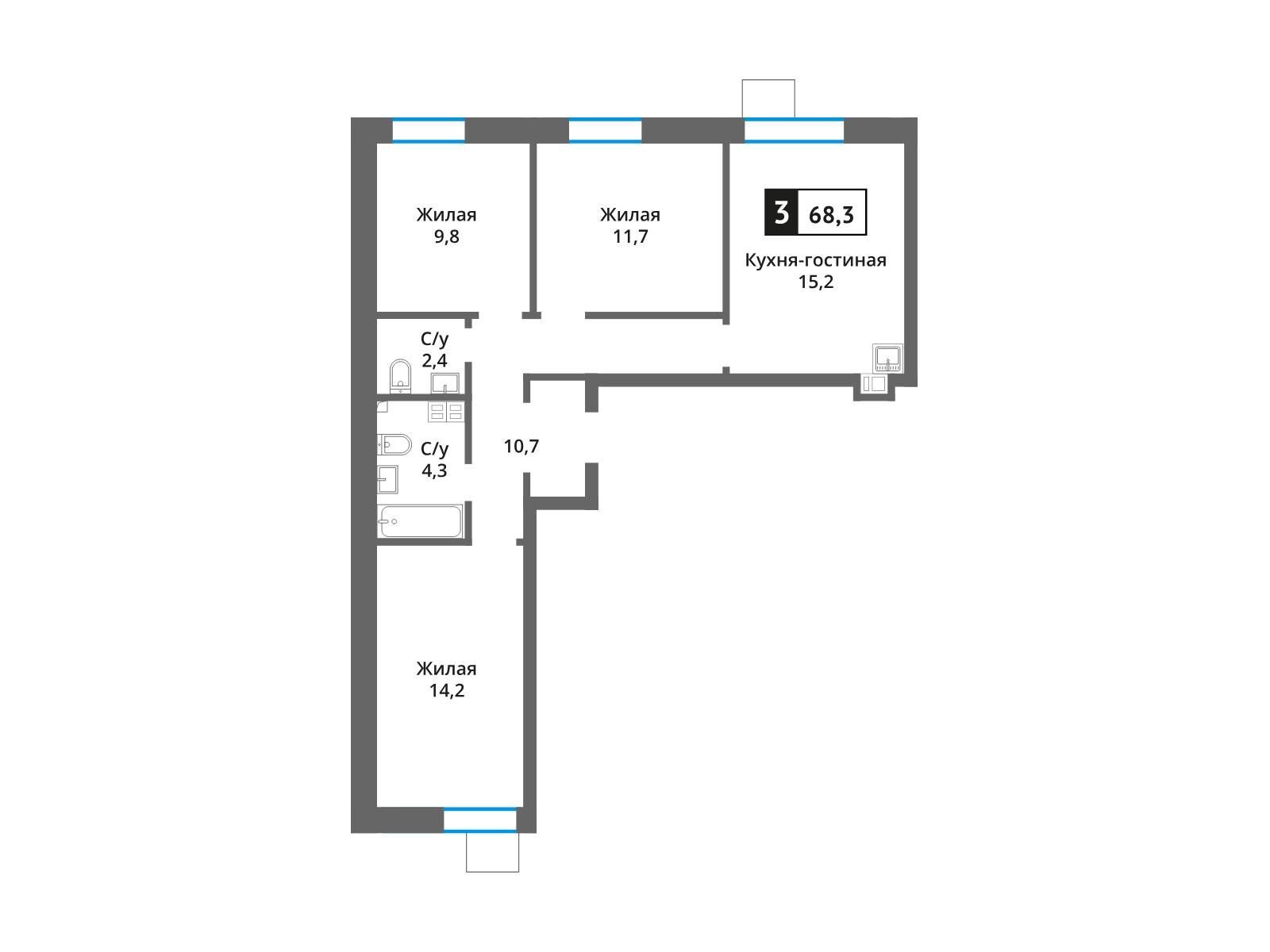 Планировка: 3-комн. квартира 68.30 м² в новостройке ЖК Лесная Отрада