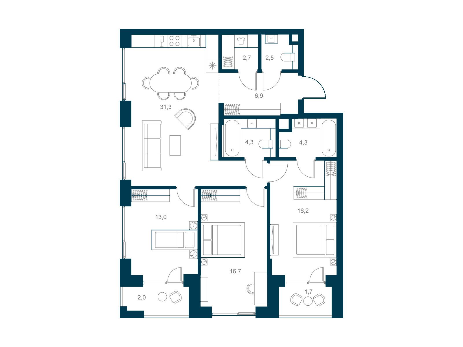Планировка: 3-комн. квартира 105.50 м² в новостройке Соул