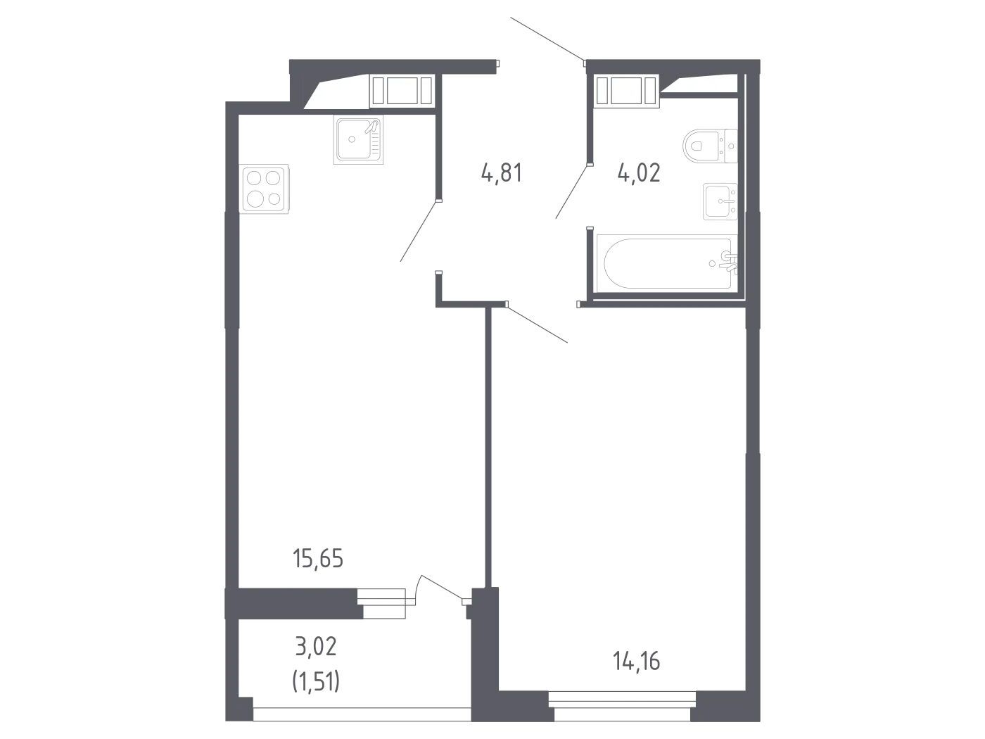 Планировка: 1-комн. квартира 39.30 м² в новостройке Сандэй