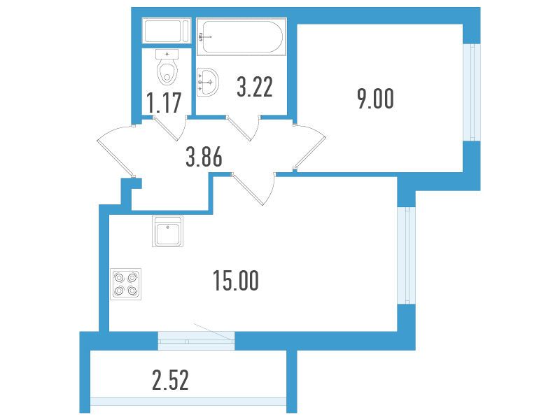 Планировка: 1-комн. квартира 33.01 м² в новостройке ЖК Южный форт