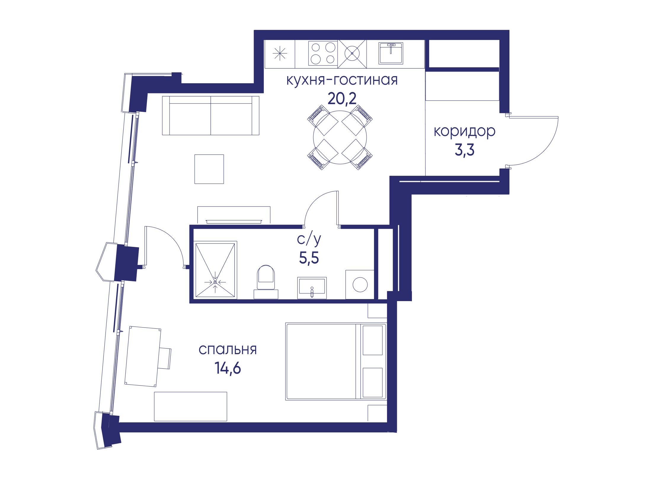 Планировка: 1-комн. квартира 43.60 м² в новостройке Остров