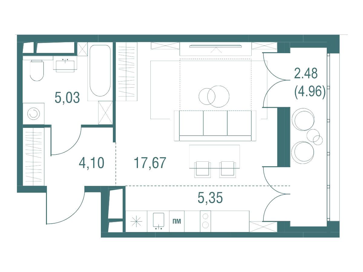 Планировка: Студия 34.55 м² в новостройке Одинбург