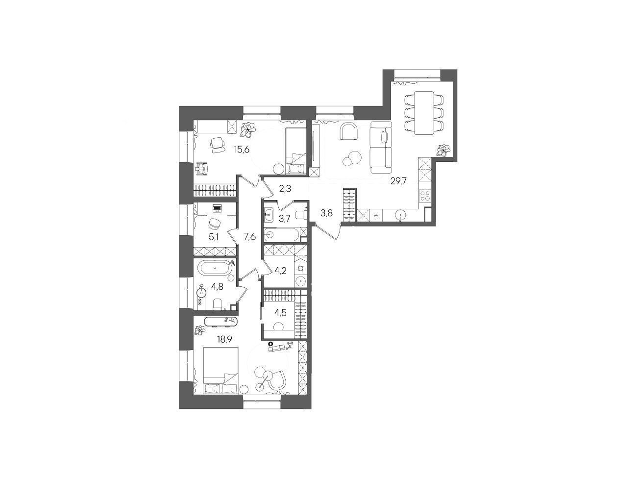 Планировка: 2-комнатная квартира 97.90 м² в новостройке ЖК Стоун Райз