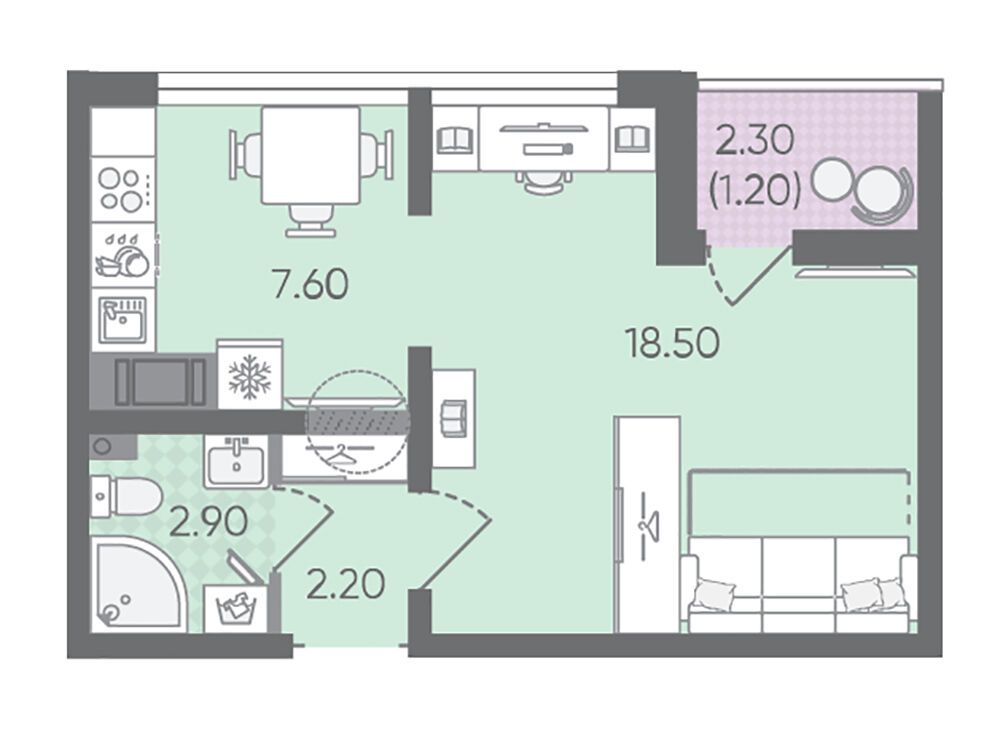 Планировка: 1-комн. квартира 32.40 м² в новостройке Цветной город