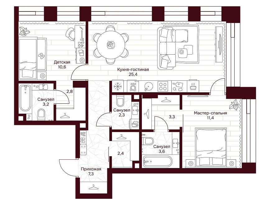 Планировка: 2-комн. квартира 74.80 м² в новостройке Дом 7 Даниловский