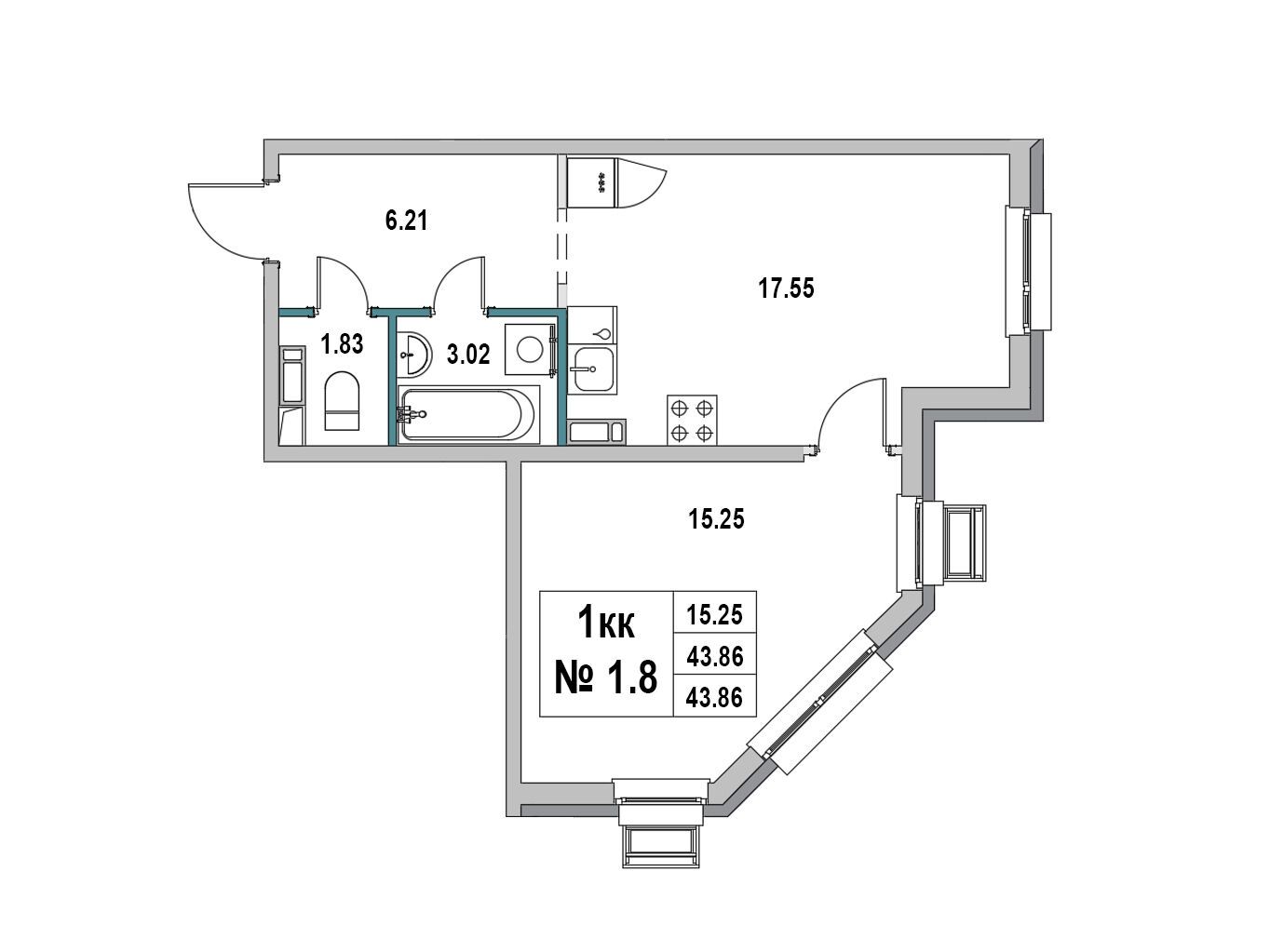 Планировка: 1-комн. квартира 43.86 м² в новостройке ЖК Новый город (Выборг)