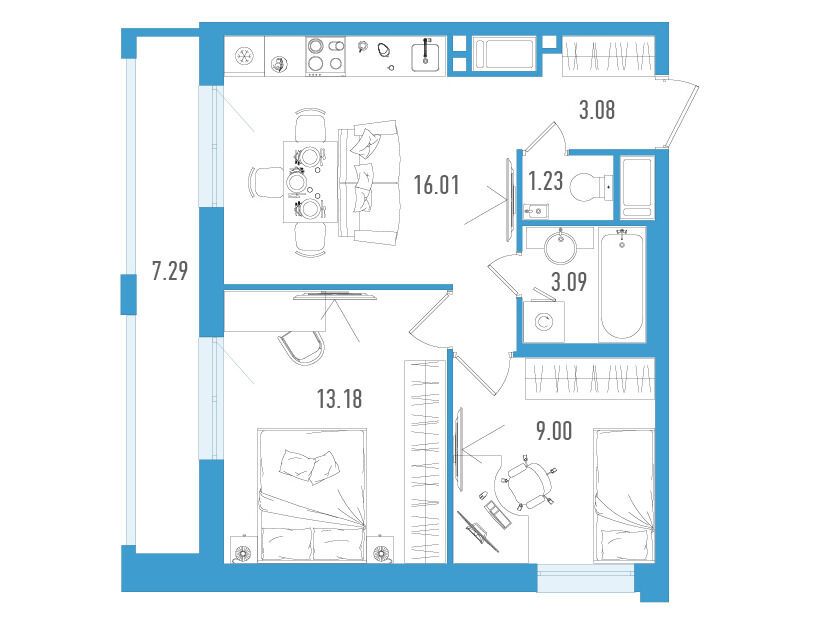 Планировка: 2-комн. квартира 47.78 м² в новостройке Старлайт