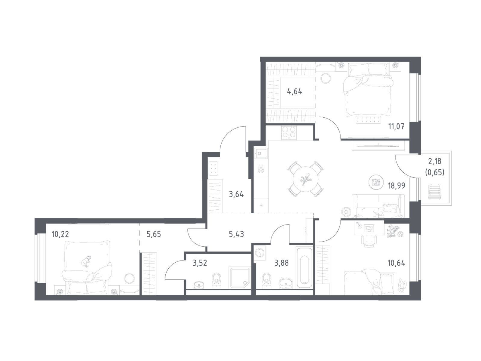 Планировка: 3-комн. квартира 78.33 м² в новостройке Большое Юрлово