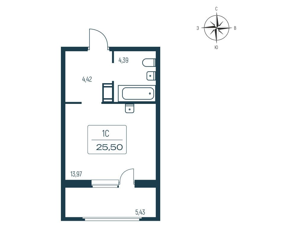 Планировка: Студия 25.30 м² в новостройке ЖК Расцветай в Янино