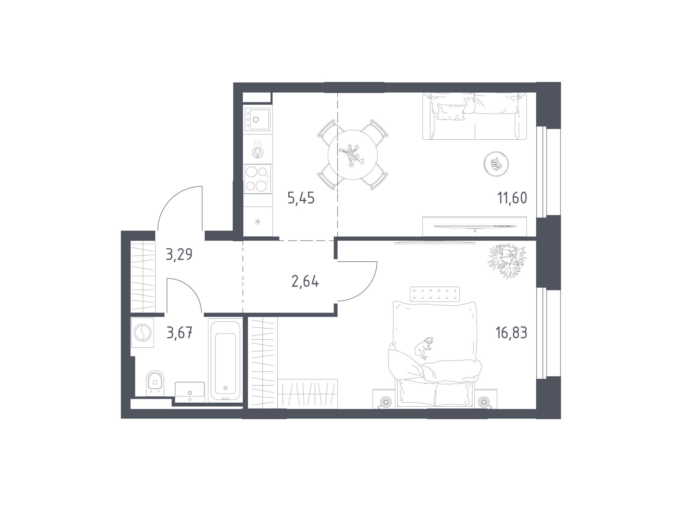 Планировка: 1-комн. квартира 43.48 м² в новостройке Заречье Парк